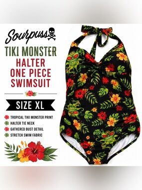 Sourpuss XL Tiki Monster Tropical Halter One Piece Swimsuit Pinup Rockabilly